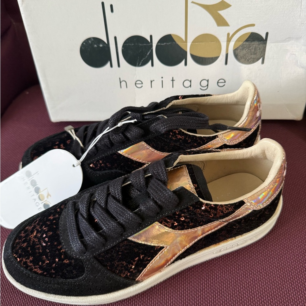 Diadora Women's Black and Gold Sneakers
